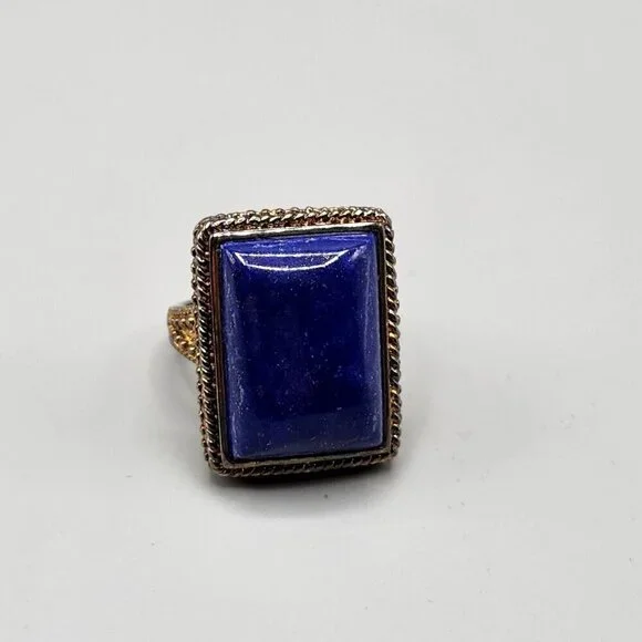Lapiz Lazuli Rectangle Cocktail Ring RI China 925 Size 8 Sterling Silver - Picture 2 of 12